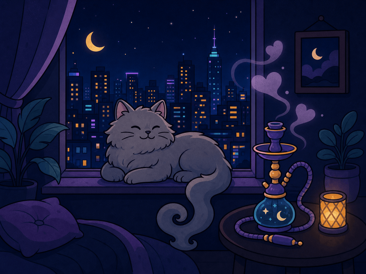 夜の窓辺でくつろぐネコのモク